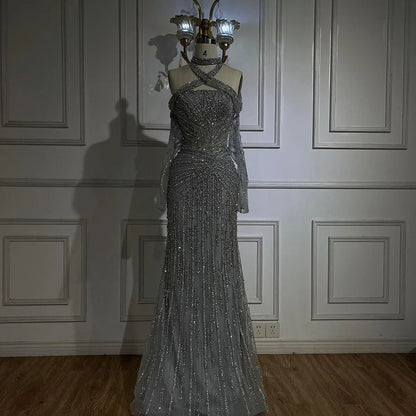 Serene Hill Arabic Gray Decorative Halter Mermaid Evening Dresses Beaded Dress For Formal Occasion LA72651 Customized 2025