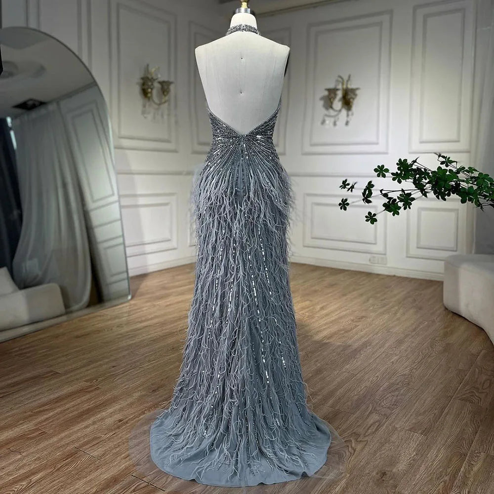 Serene Hill Dubai Halter Beige  Feathers Beaded Formal Luxury Mermaid Evening Dresses For Women Wedding Party 2025 LA70623A
