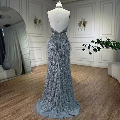 Serene Hill Dubai Halter Beige  Feathers Beaded Formal Luxury Mermaid Evening Dresses For Women Wedding Party 2025 LA70623A