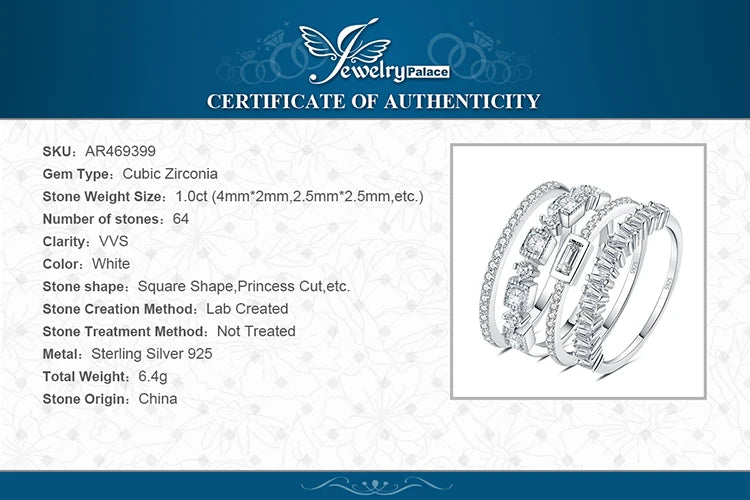 JewelryPalace 4 Pcs 925 Sterling Silver Wedding Band Solitaire Eternity Stacking Rings for Women 1ct AAAAA CZ Fashion Jewelry
