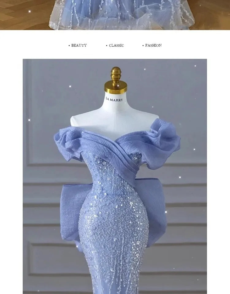 Woman's Dress High Dress Off-Shoulder Blue Evening Dress Light Luxury Niche Mermaid Sequin Host Elegant Party Dress