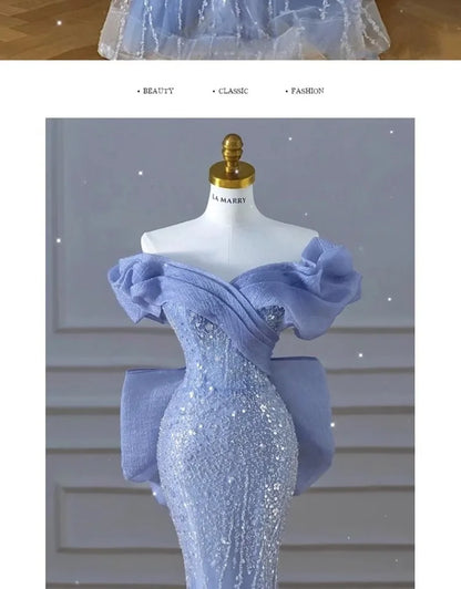 Woman's Dress High Dress Off-Shoulder Blue Evening Dress Light Luxury Niche Mermaid Sequin Host Elegant Party Dress