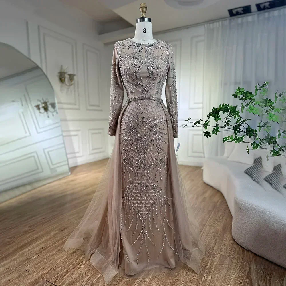 Serene Hill Muslim Silver Nude Mermaid Gown with Detachable Overskirt Beaded Evening Dress for Women Wedding Party 2025 LA71919