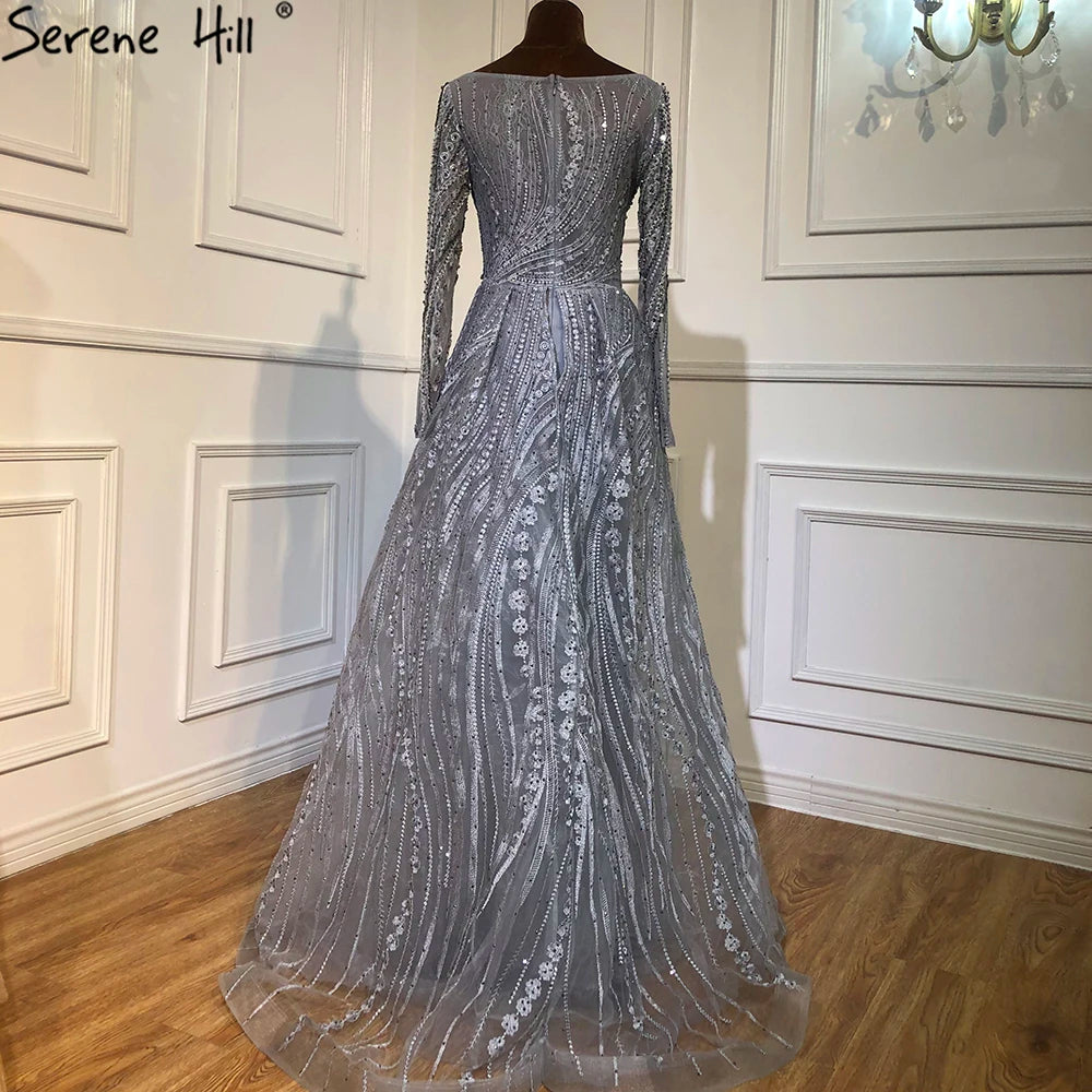 Serene Hill Muslim Grey Beaded  With Overskirt Mermaid  Evening Dresses Gowns Elegant For Women Party Plus Size LA70836