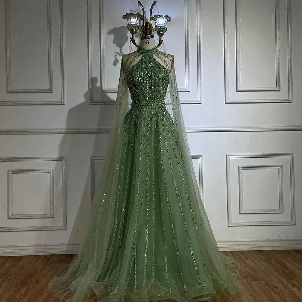 Serene Hill Arabic Turquoise A Line Cape Sleeve Beaded   Evening Dresses Gowns For Occasion 2025 LA72306A Customized