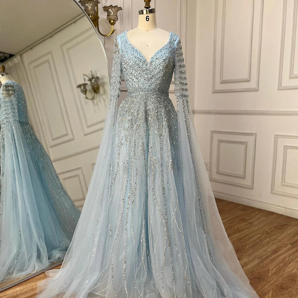 Customized 2025 Arabic Caramel Elegant A-Line Beaded Long Evening Dresses Gowns With Cape Sleeves For Formal Occasio LA72750
