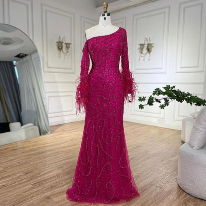 Serene Hill Blue Mermaid Elegant One-Shoulder Beaded Feathers  Evening Dress Gown for 's Wedding Party 2025 LA72395 Customized