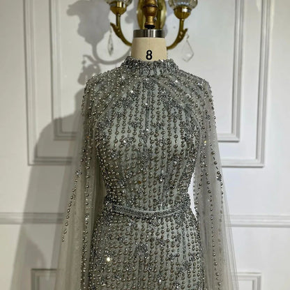 Muslim Nude Mermaid Cape Sleeves Pearls Beaded Luxury Dubai Evening Dresses Gowns 2025 Wedding Party LA72372 Customized