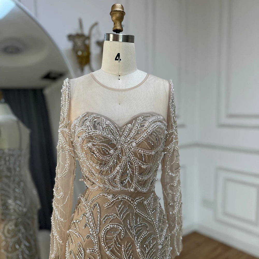 Serene Hill 2025 Nude Mermaid Pearls Beaded Arabic Evening Dresses For Occasion Dress LA72648 Customized