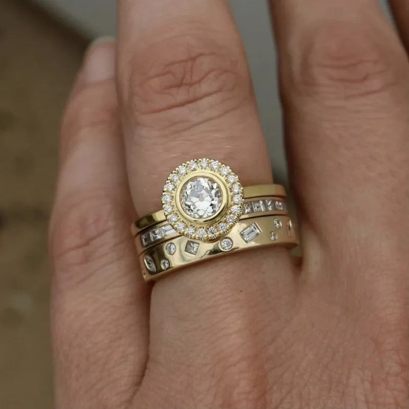 Exquisite Gold Color Rings for Women Square Round White Stone Rings Set Jewelry Party Gift