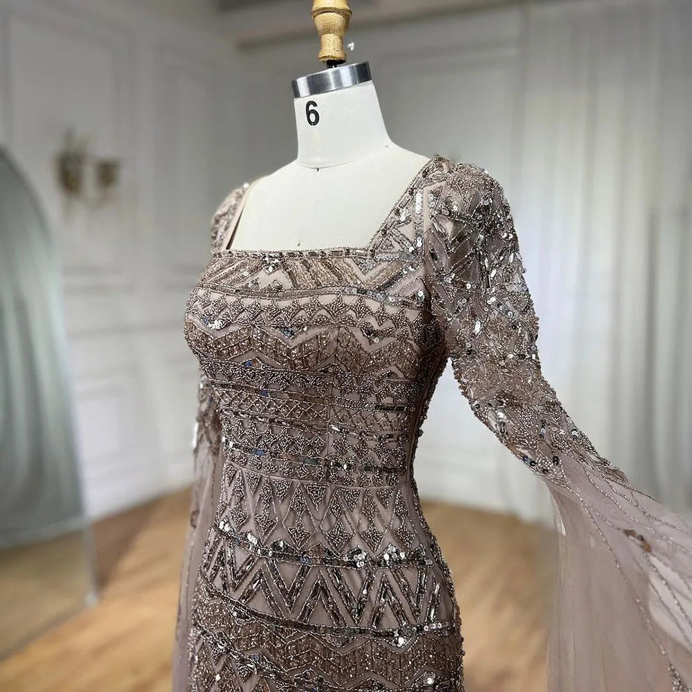 2025 Caramel With Beaded Cape Sleeves Design Mermaid Long Evening Dresses Gowns For Women's Wedding Party LA72355A Customized