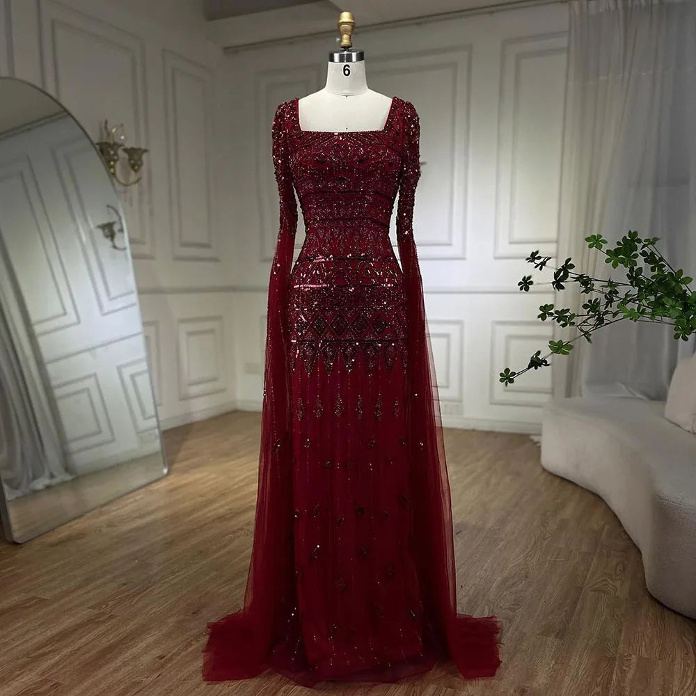 2025 Caramel With Beaded Cape Sleeves Design Mermaid Long Evening Dresses Gowns For Women's Wedding Party LA72355A Customized