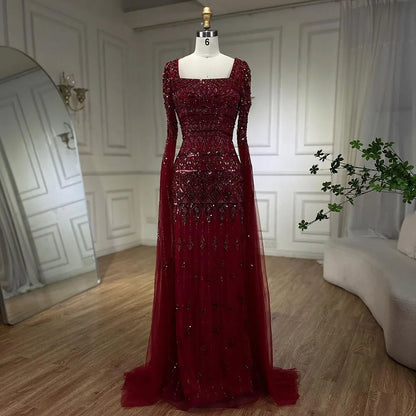 2025 Caramel With Beaded Cape Sleeves Design Mermaid Long Evening Dresses Gowns For Women's Wedding Party LA72355A Customized