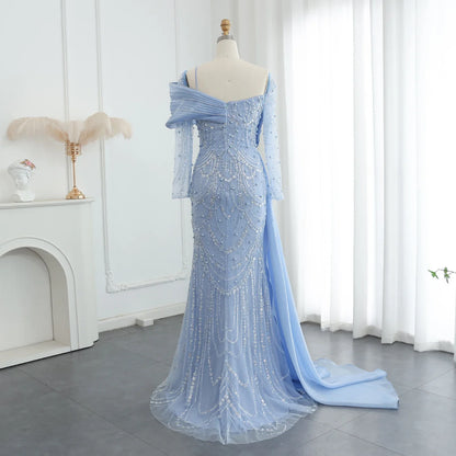 Sharon Said Nude Luxury Crystal Mermaid Evening Dress with Overskirt Long Sleeve Dubai Wedding Formal Prom Gown SS256 Customized