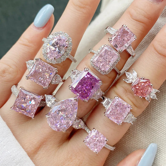 EUREKA 925 Sterling Silver Crushed Ice Cut Lab Pink Sapphire Gemstone Ring For Women Wedding Engagement Jewelry