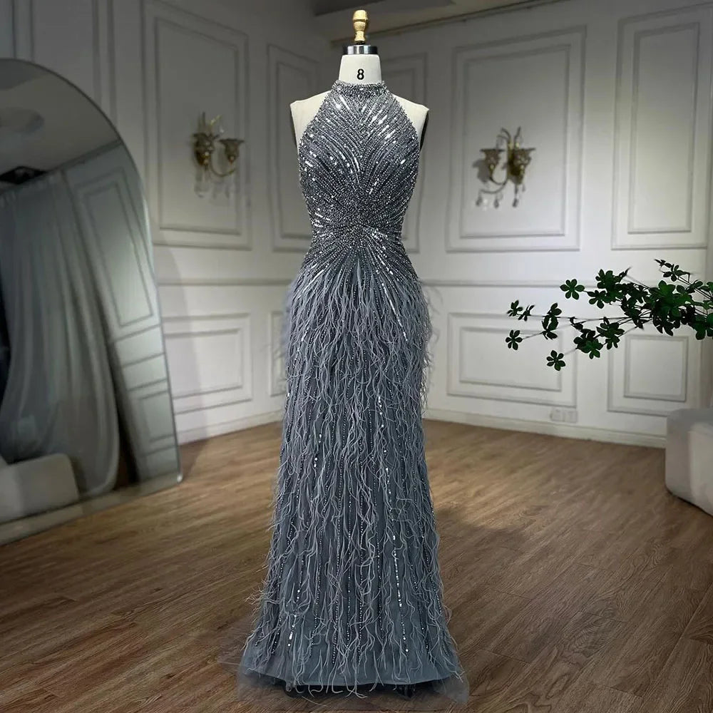 Serene Hill Dubai Halter Beige  Feathers Beaded Formal Luxury Mermaid Evening Dresses For Women Wedding Party 2025 LA70623A
