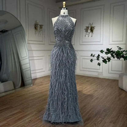 Serene Hill Dubai Halter Beige  Feathers Beaded Formal Luxury Mermaid Evening Dresses For Women Wedding Party 2025 LA70623A
