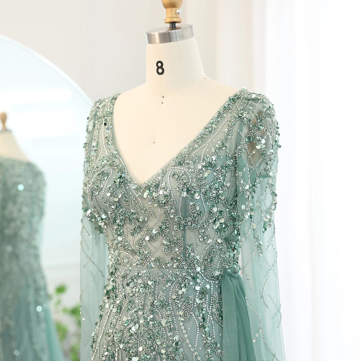 Sharon Said Turquoise Green Meramid Long Sleeves Evening Dress with Overskirt Slit Luxury for Wedding Party SS181 Customized