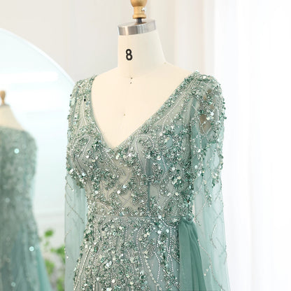 Sharon Said Turquoise Green Meramid Long Sleeves Evening Dress with Overskirt Slit Luxury for Wedding Party SS181 Customized