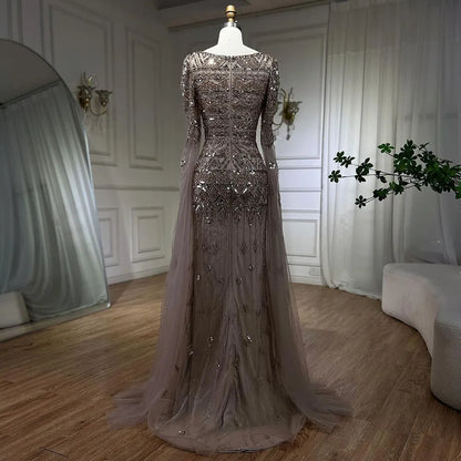 2025 Caramel With Beaded Cape Sleeves Design Mermaid Long Evening Dresses Gowns For Women's Wedding Party LA72355A Customized