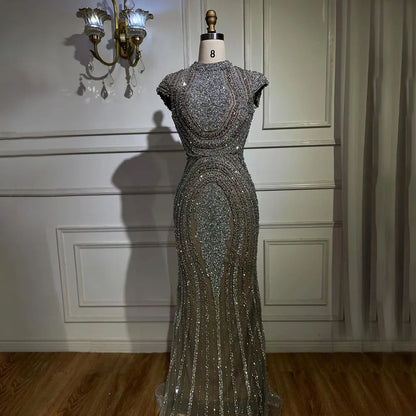 2025 Arabic Dubai Gray Nude Mermaid Floor Length Beaded Luxury Evening Dresses Gowns For Wedding Party LA72344 Customized