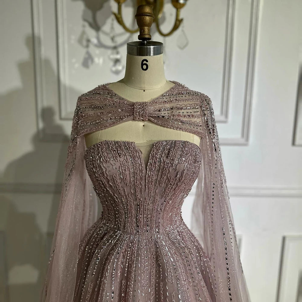Serene Hill 2025 Arabic Blue Cape  A-Line Beaded Evening Dresses Long Celebrity Gowns  LA72427 Customized