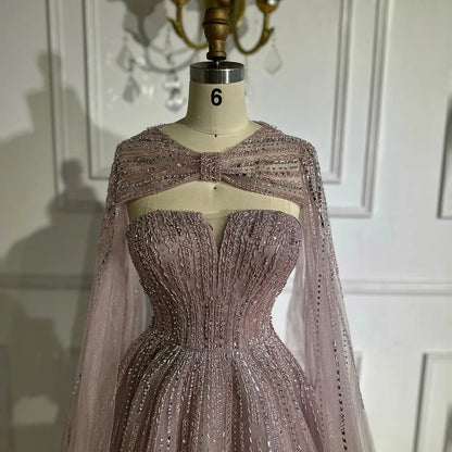 Serene Hill 2025 Arabic Blue Cape  A-Line Beaded Evening Dresses Long Celebrity Gowns  LA72427 Customized