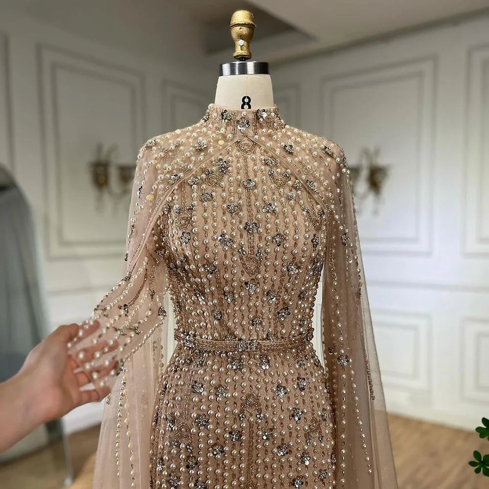 Muslim Nude Mermaid Cape Sleeves Pearls Beaded Luxury Dubai Evening Dresses Gowns 2025 Wedding Party LA72372 Customized