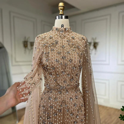 Muslim Nude Mermaid Cape Sleeves Pearls Beaded Luxury Dubai Evening Dresses Gowns 2025 Wedding Party LA72372 Customized