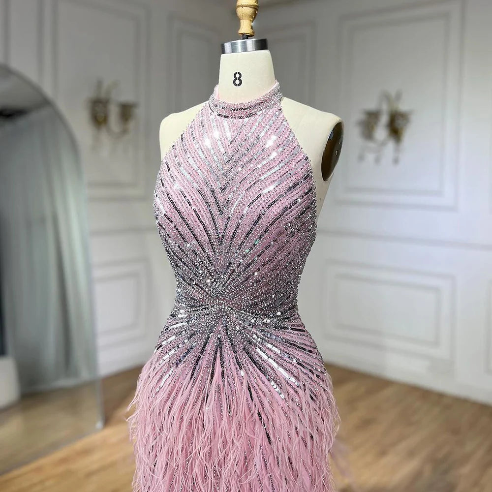 Serene Hill Dubai Halter Beige  Feathers Beaded Formal Luxury Mermaid Evening Dresses For Women Wedding Party 2025 LA70623A