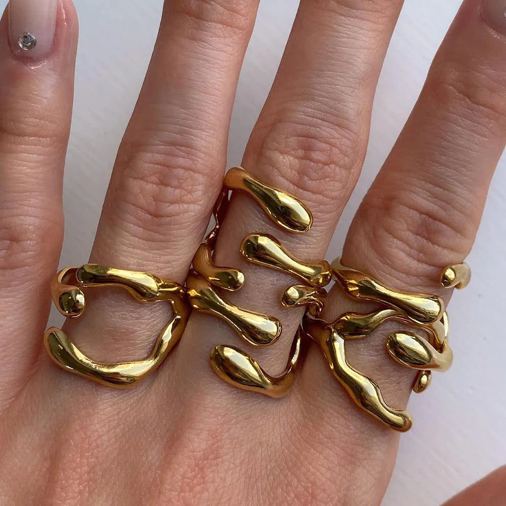 Fashion Irregular Stainless Steel Waterproof Open Ring Personality Charms PVD Real Gold 18K Plated Trendy Jewelry Gifts for Wome