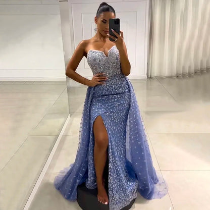 Serene Hill Blue Mermaid High Split With Skirt Sweetheart Strapless Beaded Party Dresses  Women Evening 2025 LA71796 Customized