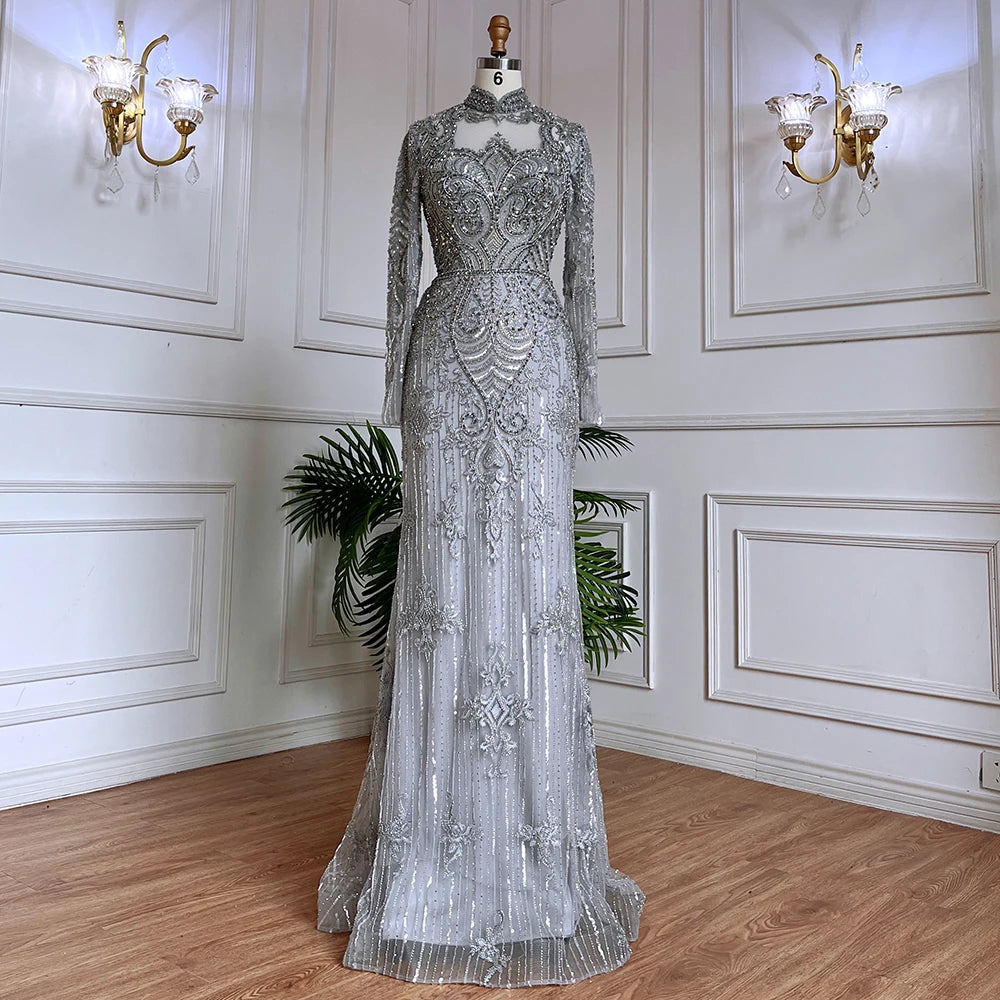 Serene Hill Muslim Green Mermaid Lace Beaded Crystal Luxury Dubai Evening Dresses Gowns For  Party 2025 LA71983 Customized