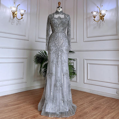Serene Hill Muslim Green Mermaid Lace Beaded Crystal Luxury Dubai Evening Dresses Gowns For  Party 2025 LA71983 Customized