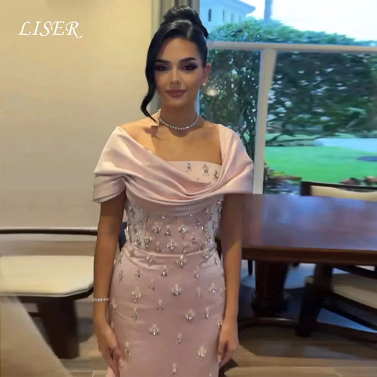 Liser Off Shoulder Pink Beads Mermaid Evening Dresses Silk Satin Customized Elegant Long Prom Gowns فستان المساء