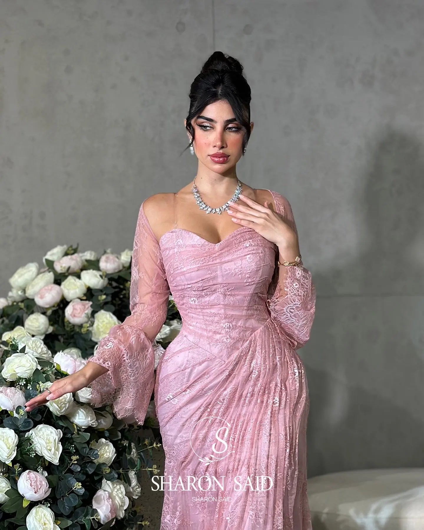 Sharon Said Pink Strapless Lace Evening Dress with Jacket Full Sleeves for Women Wedding Party Formal Gown SF304 Customized