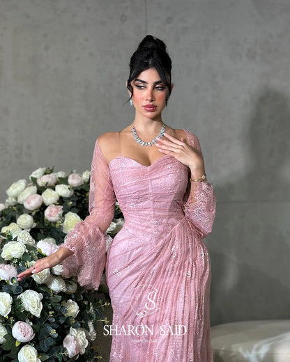 Sharon Said Pink Strapless Lace Evening Dress with Jacket Full Sleeves for Women Wedding Party Formal Gown SF304 Customized