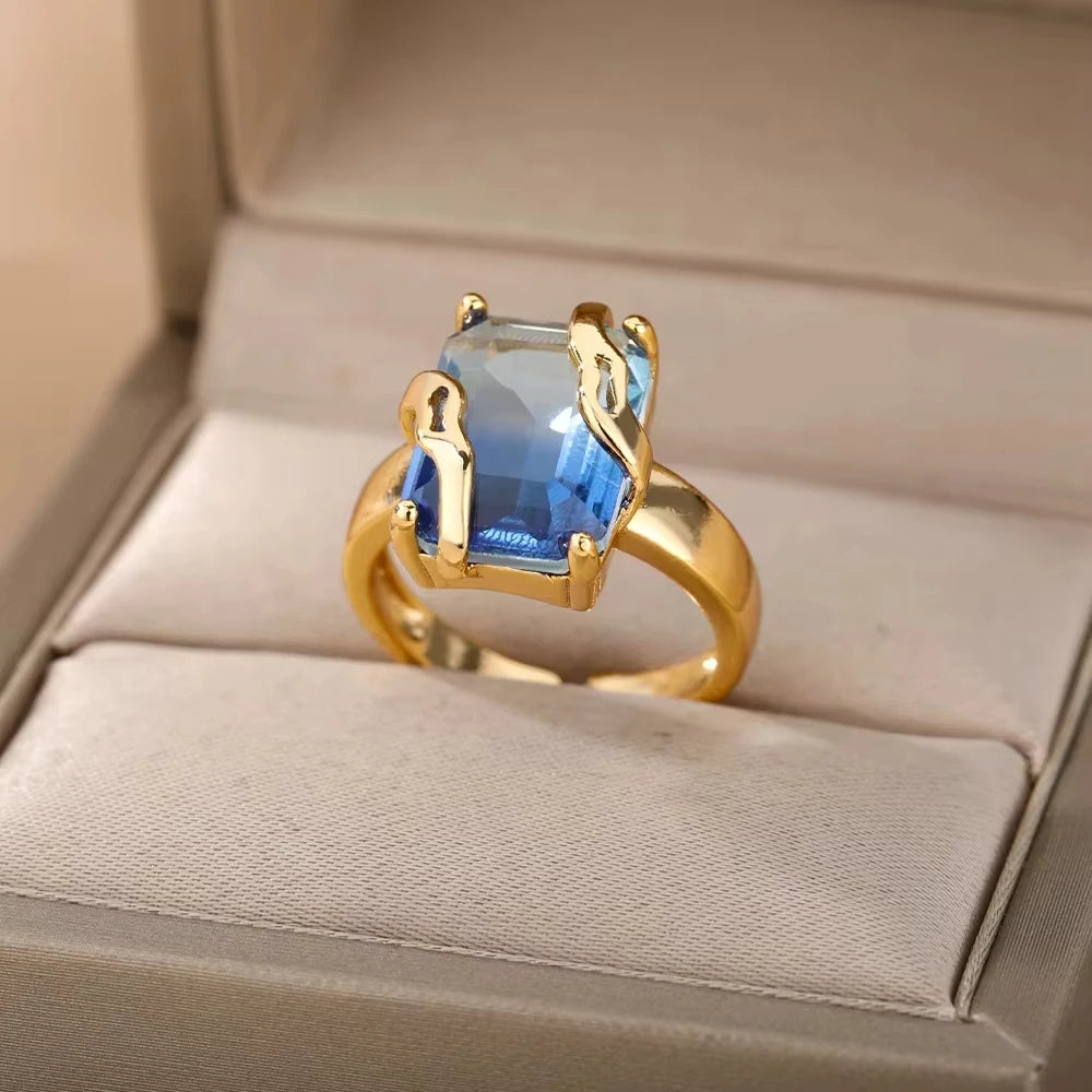 Luxury Blue Colorful Zircon Rings For Women Stainless Steel Gold Plated Flower Butterfly Ring Exquisite Party Shiny Jewelry 2025