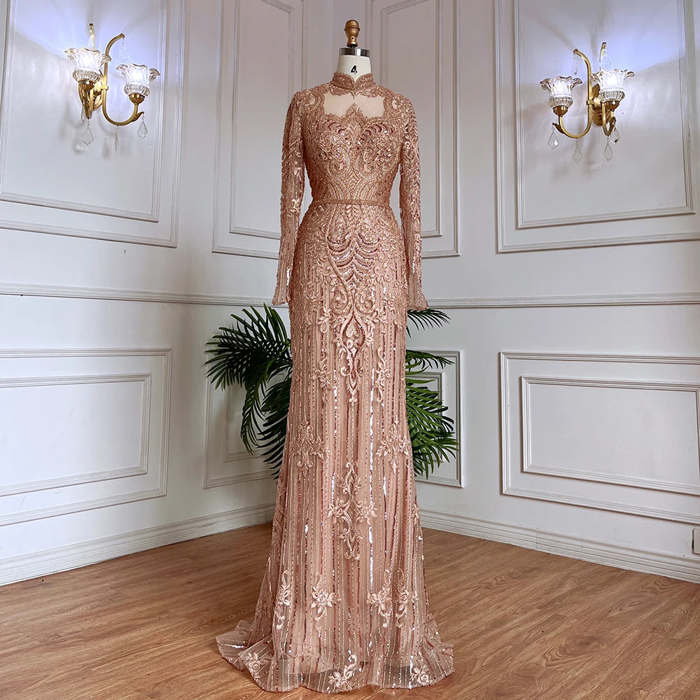 Serene Hill Muslim Green Mermaid Lace Beaded Crystal Luxury Dubai Evening Dresses Gowns For  Party 2025 LA71983 Customized