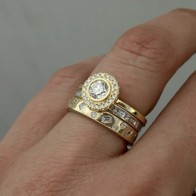 Exquisite Gold Color Rings for Women Square Round White Stone Rings Set Jewelry Party Gift