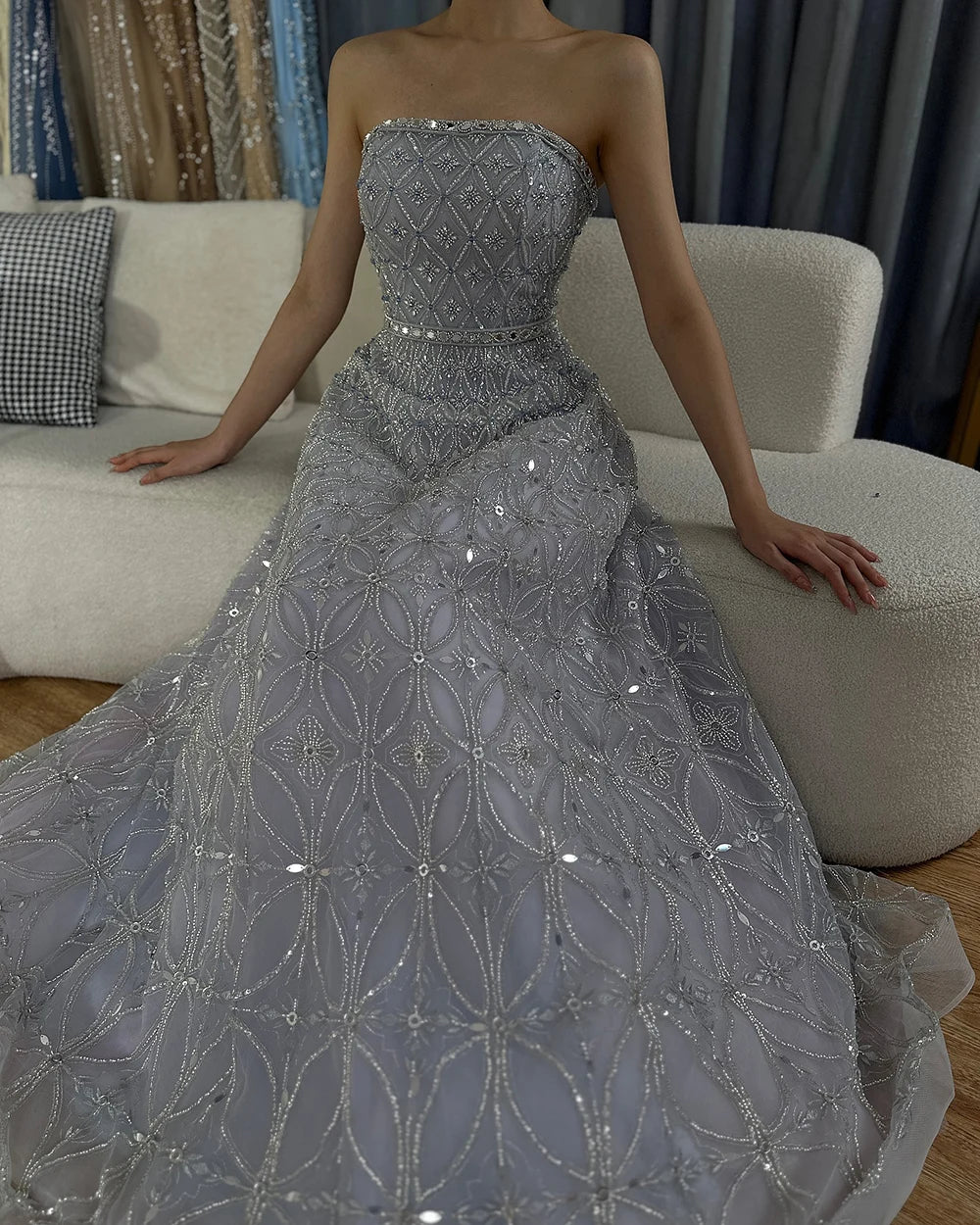 Serene Hill 2025 Customized Arabic Gray A Line Beaded Long Evening Dresses Gowns For Occasion LA72755