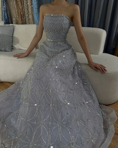 Serene Hill 2025 Customized Arabic Gray A Line Beaded Long Evening Dresses Gowns For Occasion LA72755