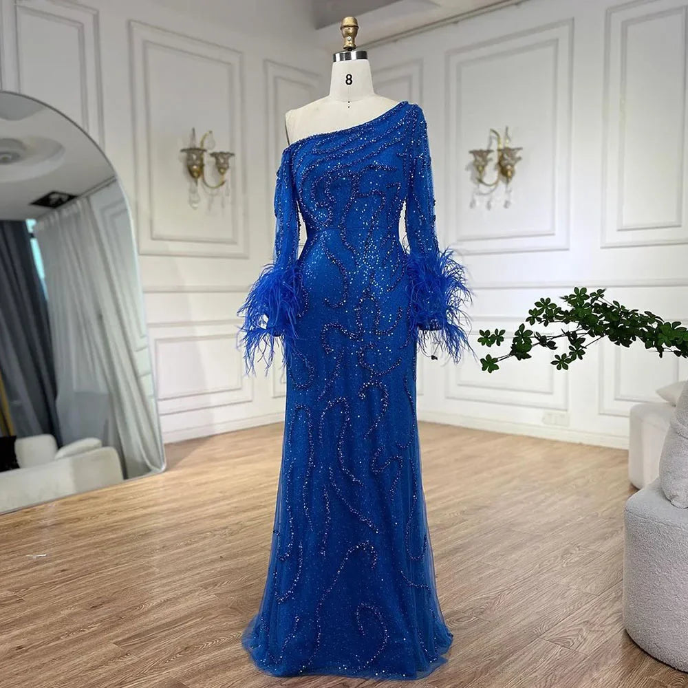 Serene Hill Blue Mermaid Elegant One-Shoulder Beaded Feathers  Evening Dress Gown for 's Wedding Party 2025 LA72395 Customized