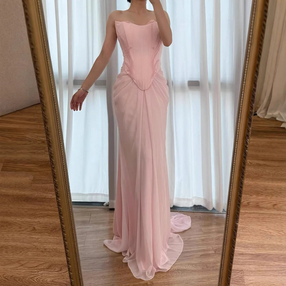 Serene Hill 2025 Customized Pink Strapless Draped Satin Evening Dress with Rose Neck Detail for Formal Party LA72946