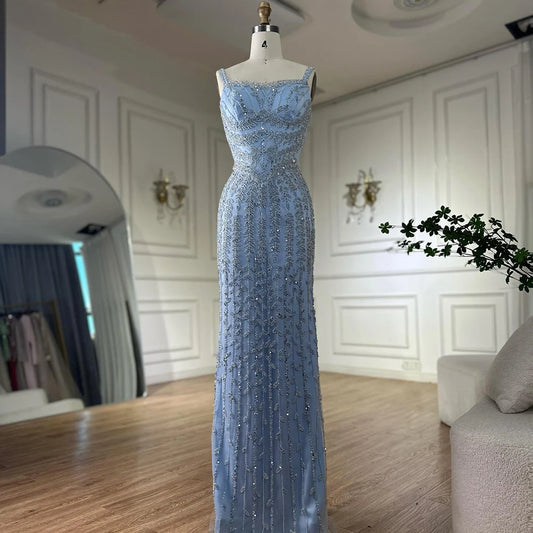 Luxury Arabic Blue Beaded Spaghetti Strap Pink Mermaid Evening Dress for Women Party Serene Hill 2025 Customized LA72725