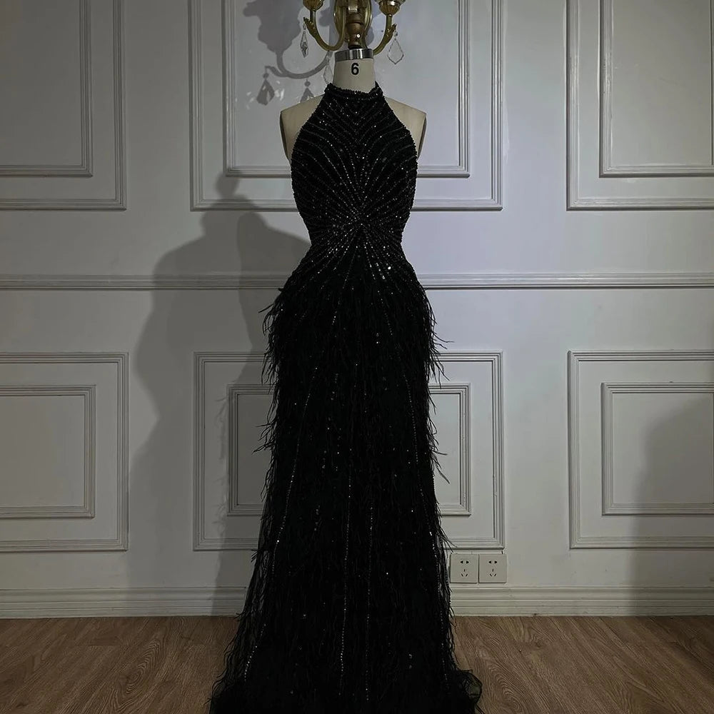 Serene Hill Dubai Halter Beige  Feathers Beaded Formal Luxury Mermaid Evening Dresses For Women Wedding Party 2025 LA70623A