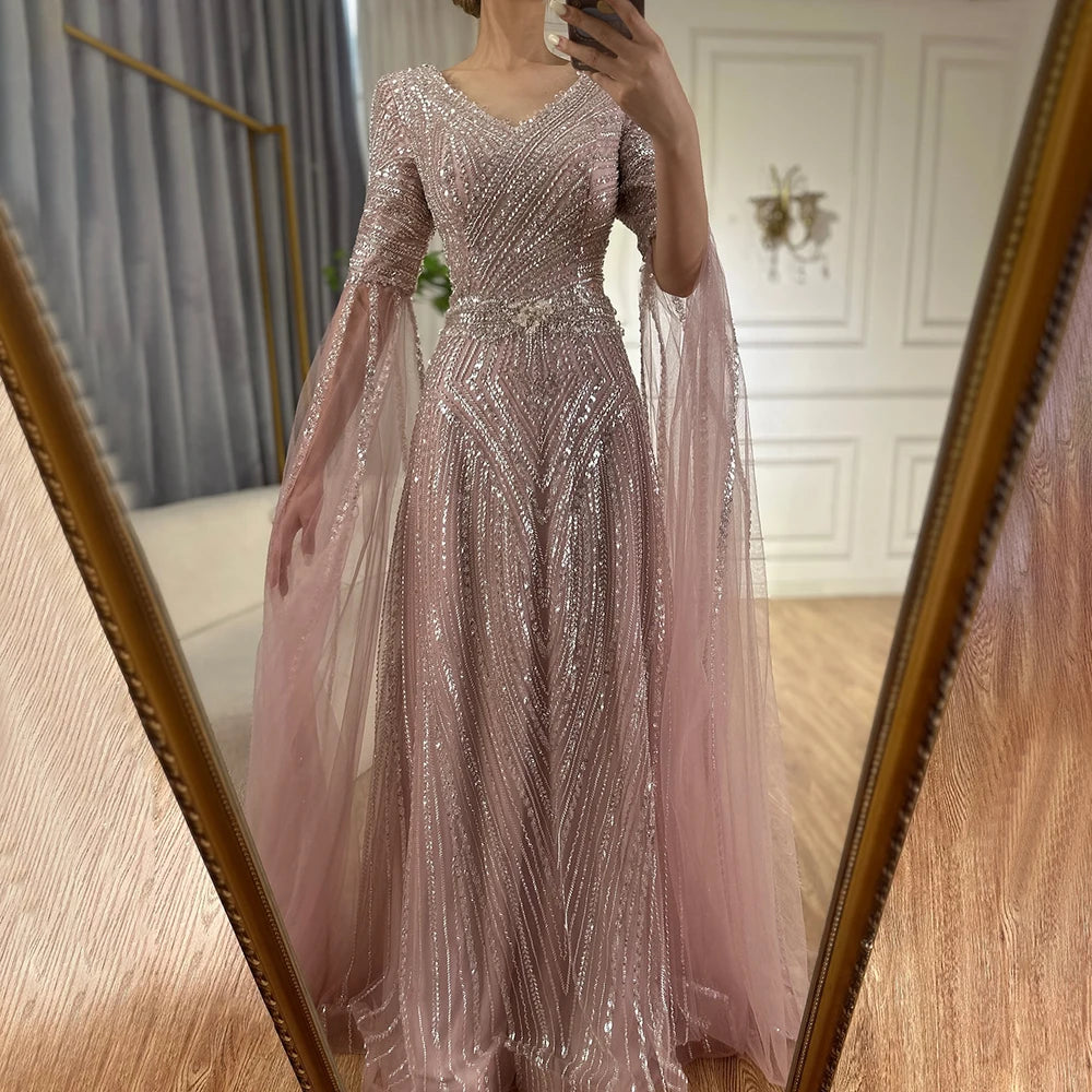 Serene Hill Customized 2025 Caramel A-Line Beaded Saudi Arabic Evening Dress with Cape Sleeves for Wedding Party LA72798