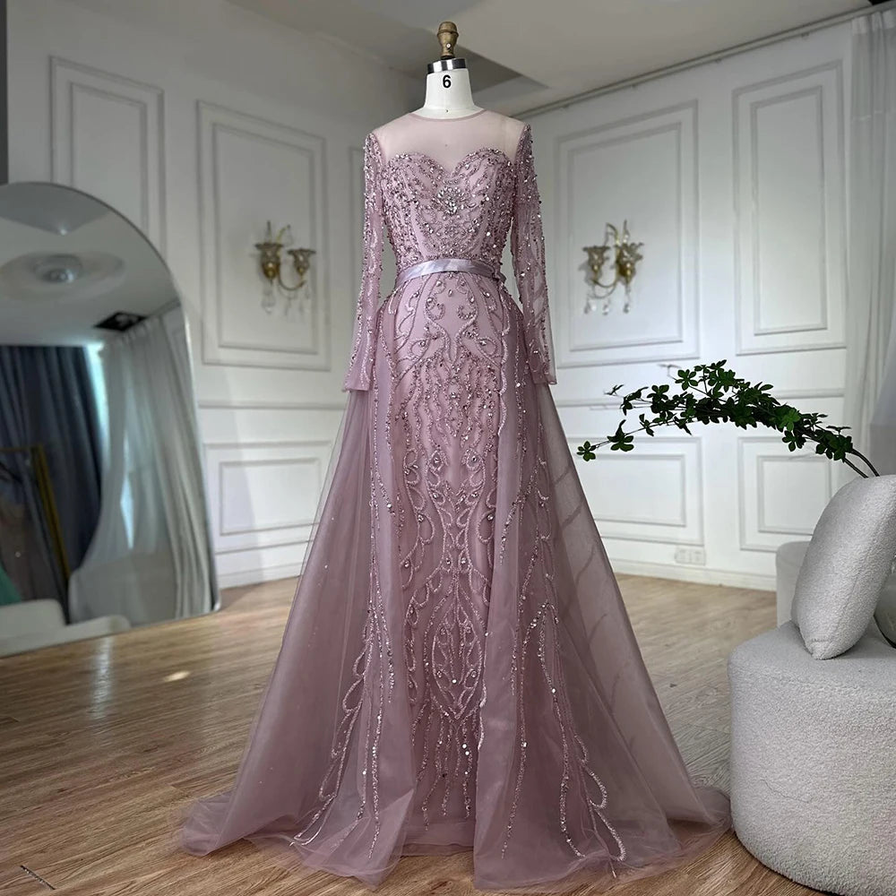 Serene Hill 2025 Customized Pink Beaded Saudi Arabic Mermaid Evening Dresses With Sheer Long Sleeves For Formal Occasion LA72875