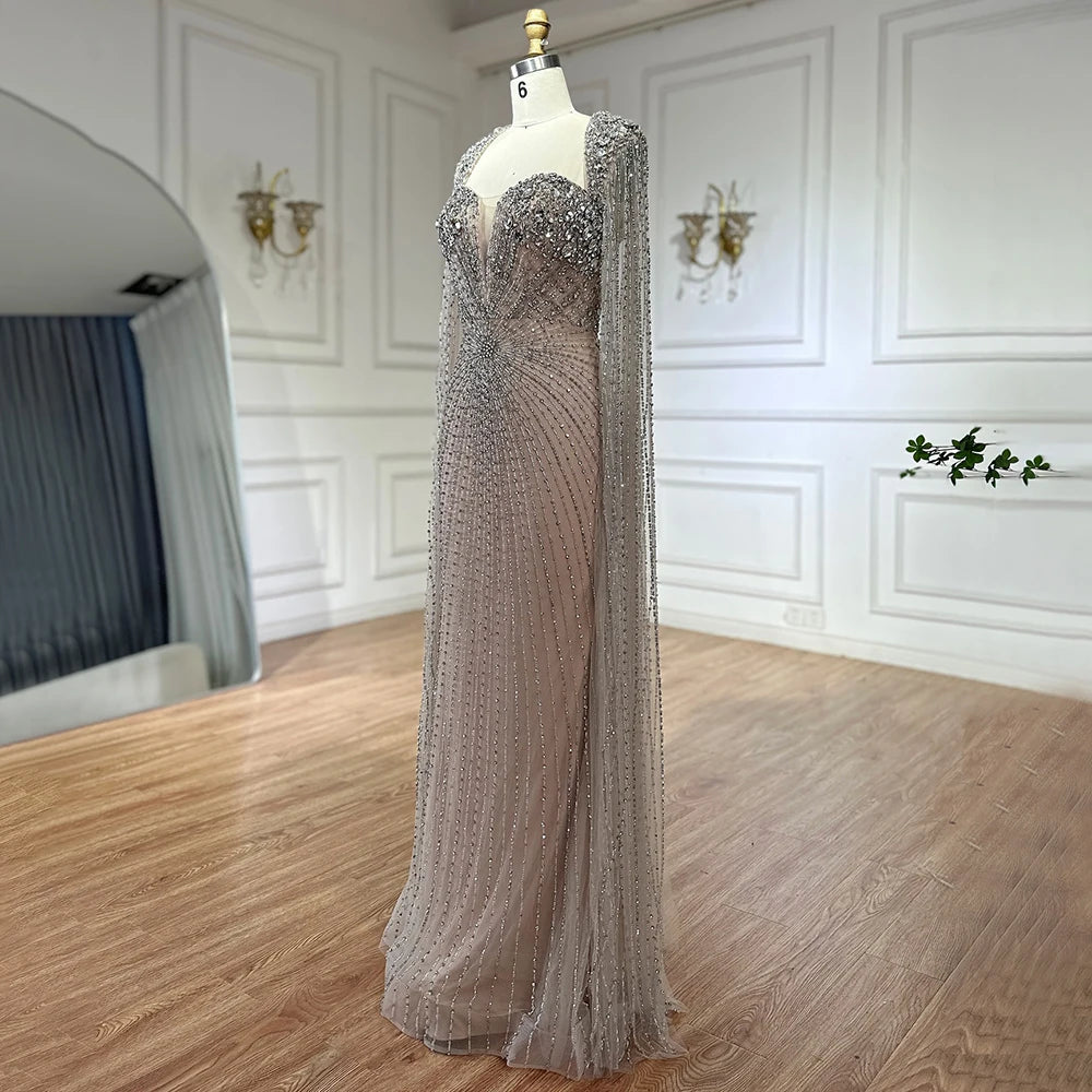 Serene Hill Customized Arabic Silver Nude Cape Sleeves Beaded Evening Dresses Gowns For Women Wedding Party 2025 LA72575