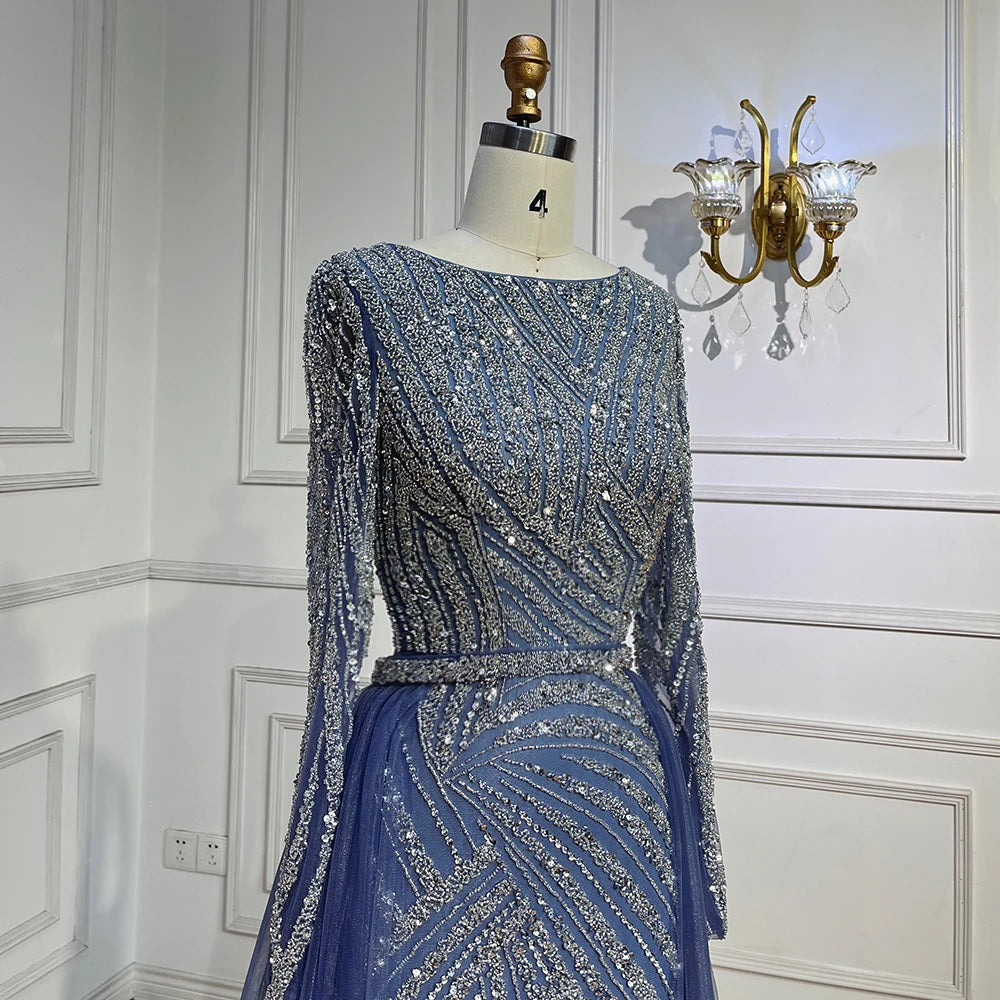 Serene Hill  Mermaid Beaded  Blue Muslim  Evening Dresses Gowns  with Detachable Skirt 2025  LA71750 Customized
